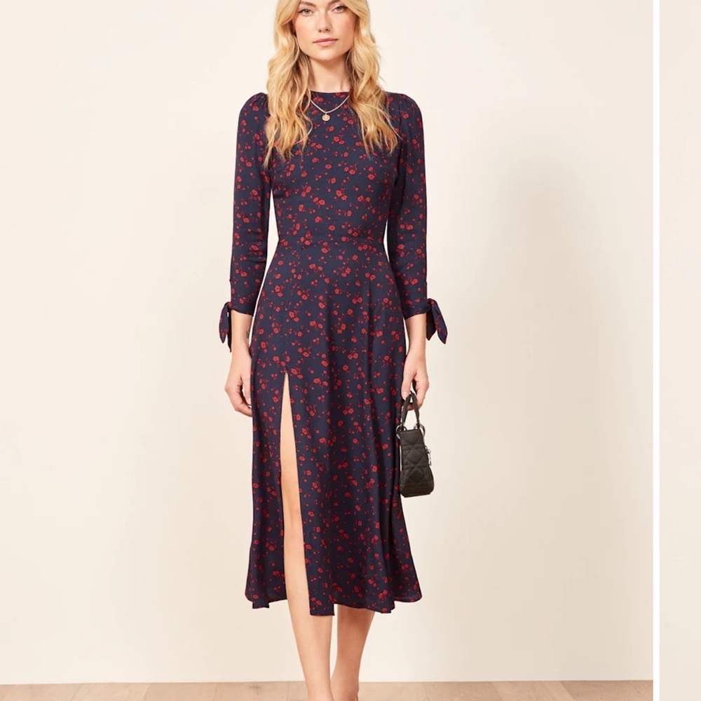 Reformation Navy Blue Long Sleeve Midi Dress with Red Floral Print